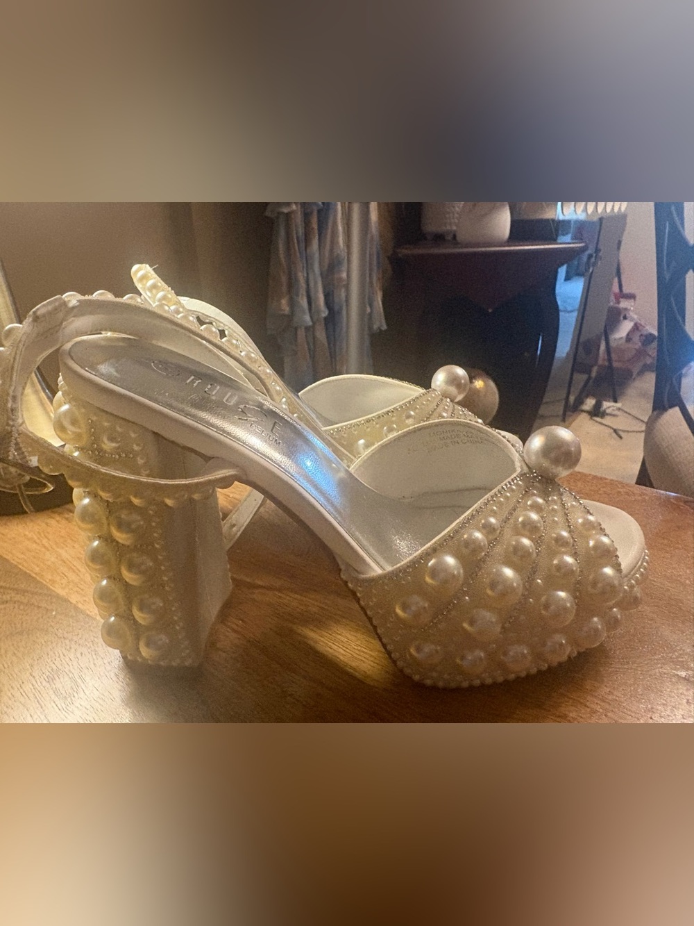 Pearl Embellished White Block Heel Sandals